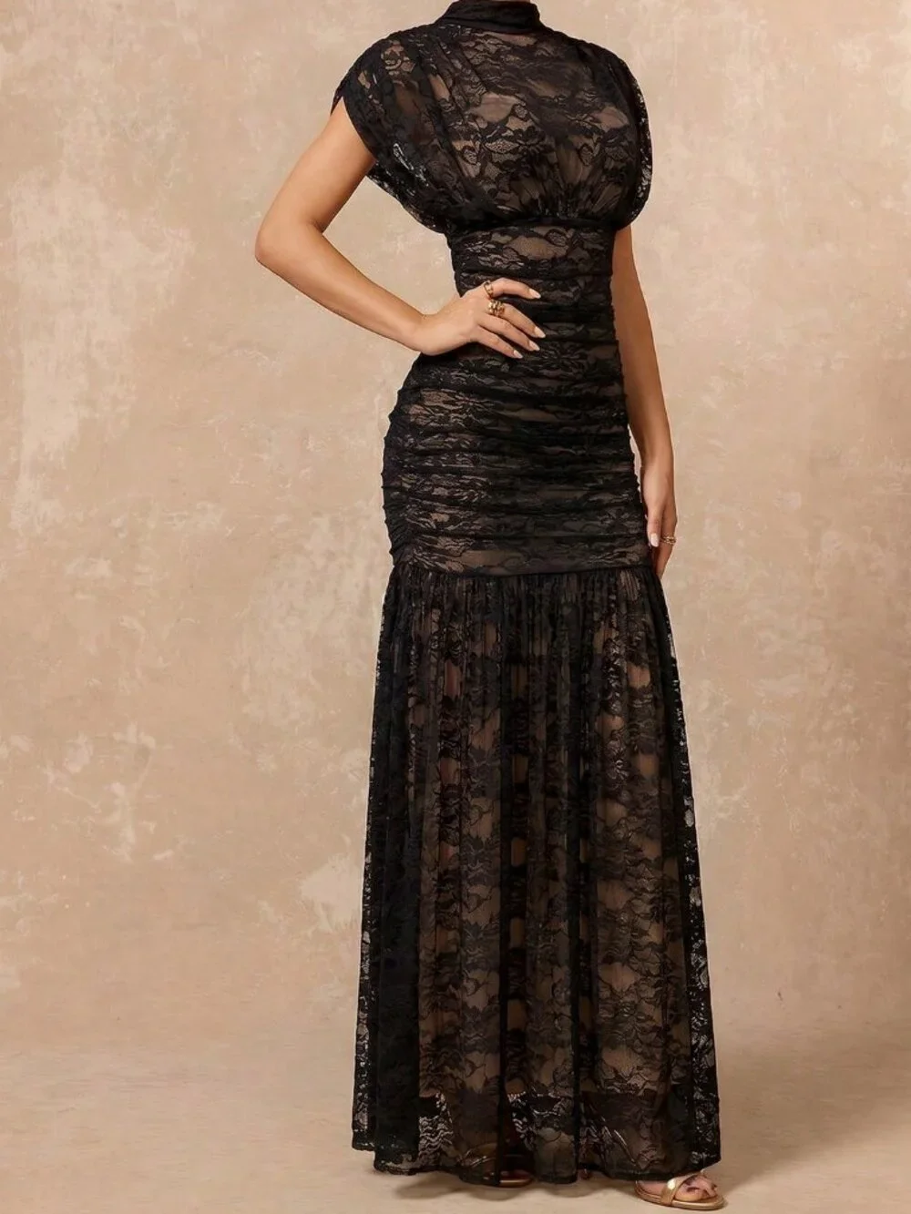Black Elegant Women's Contrast Lace Stand Collar High Waist Bodycon Dress_7